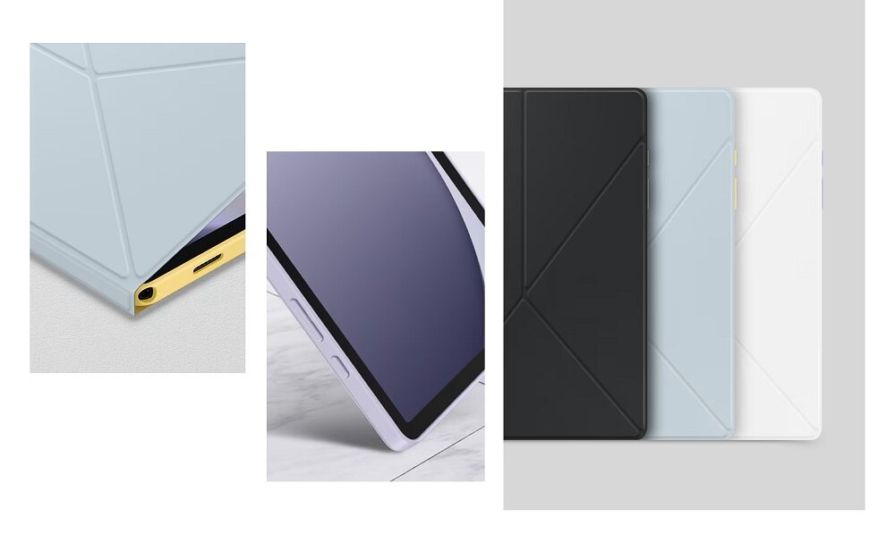Etui Samsung Book Cover Galaxy Tab A9+ czarne widok na róg i bok niebieskiego etui oraz widok na przód etui w kolorze czarnym, niebieskim i białym