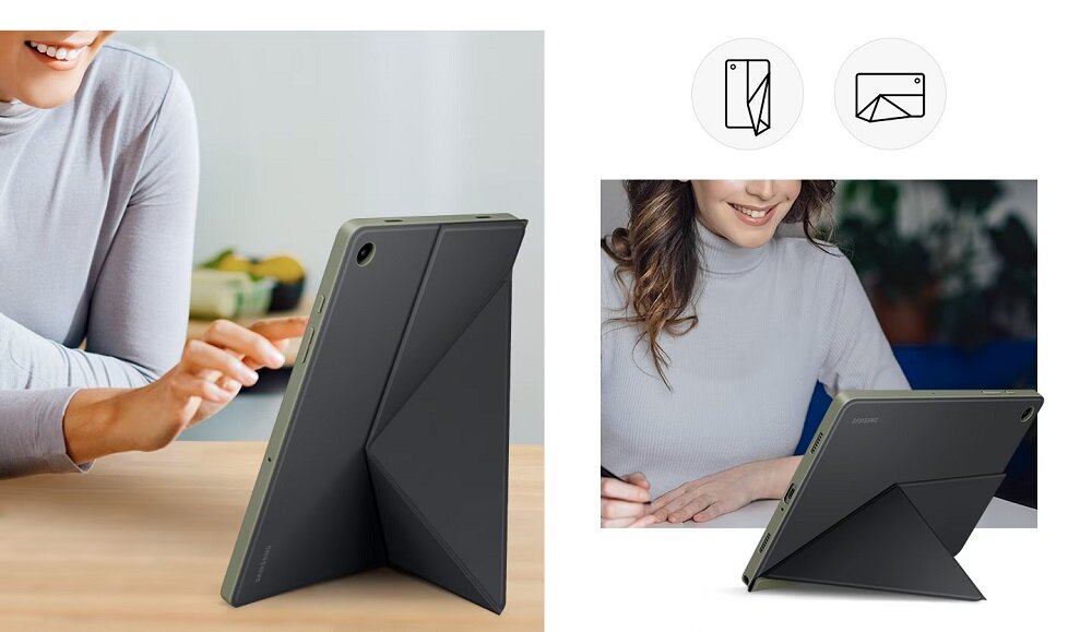 Etui Samsung Book Cover Galaxy Tab A9+ czarne widok na tablet w etui ustawionym w pozycji pionowej oraz poziomej
