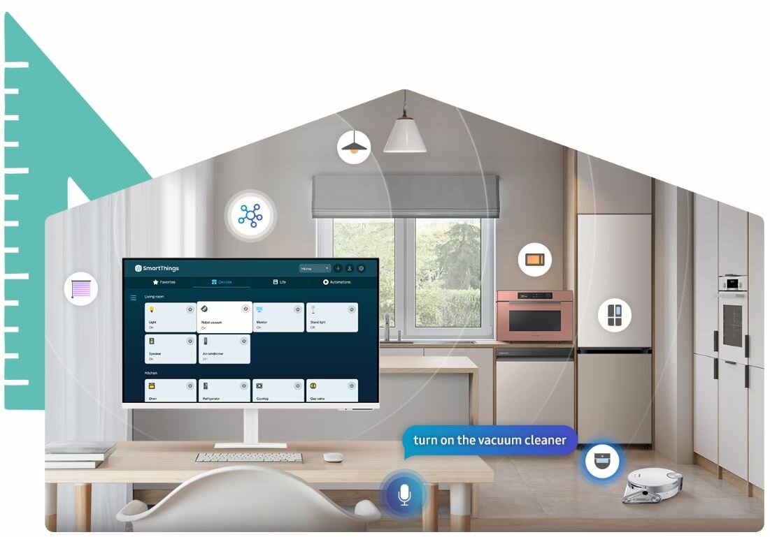 Monitor Samsung M7 27' 60Hz grafika przedstawiająca zarządzanie urządzeniami w domu