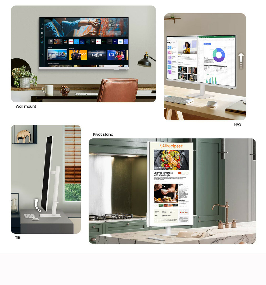 Monitor Samsung Smart  M7 32 4K grafika przedstawiająca monitor pod róźnym kątem