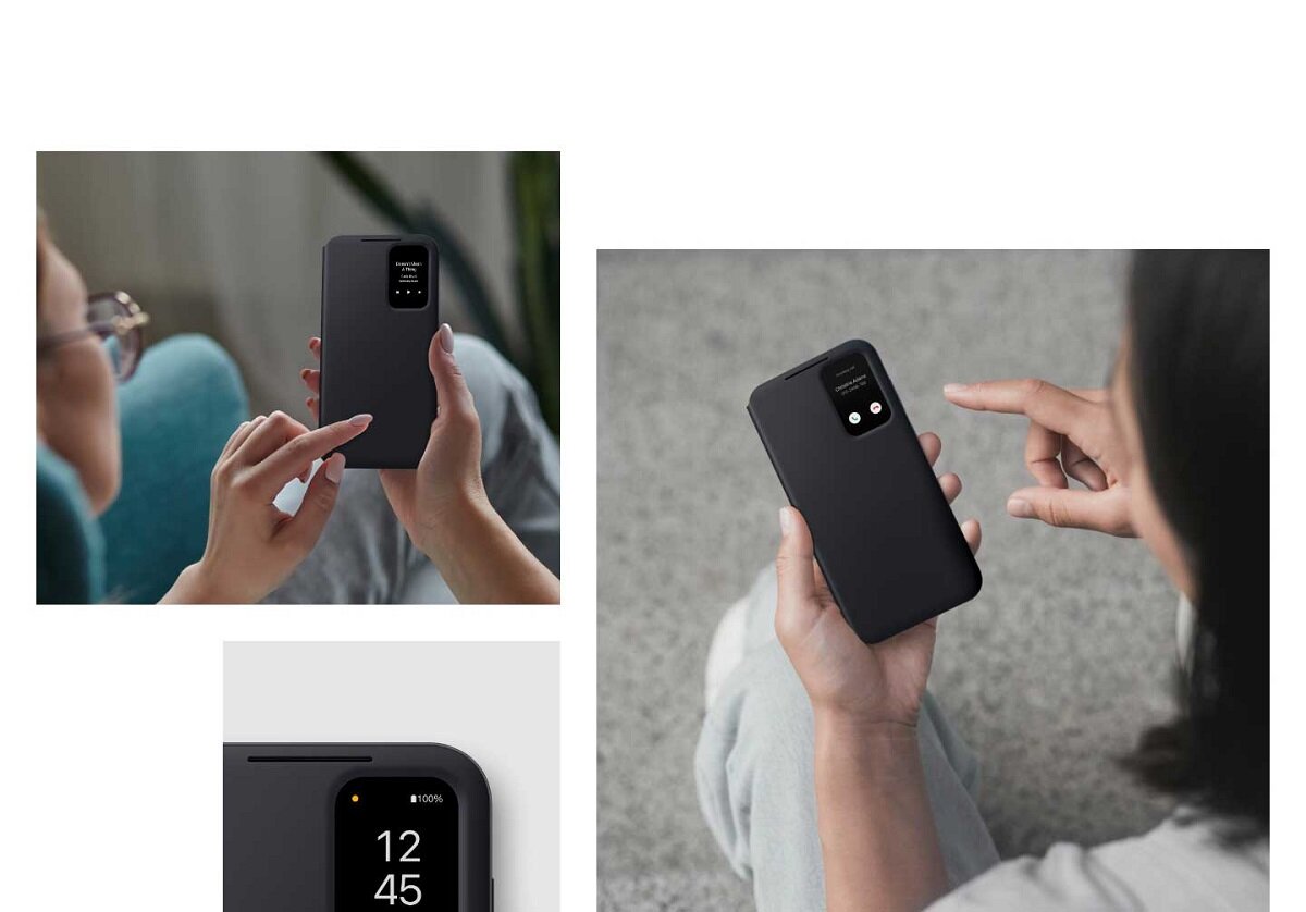 Etui Samsung Smart View Wallet Case wraz z przedstawionymi funkcjami wyświetlacza