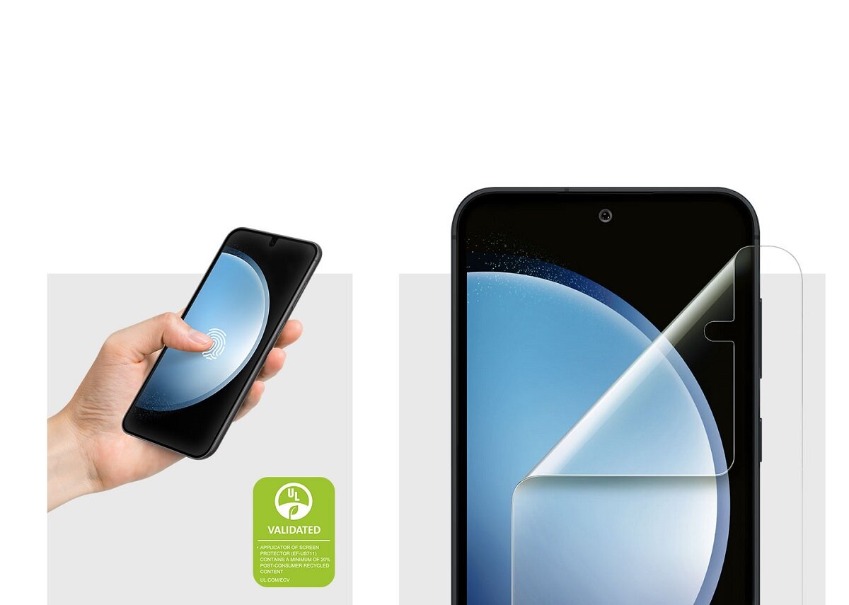 Folia ochronna Samsung Screen Protector widoki na telefon z założoną folią pod skosem i od frontu