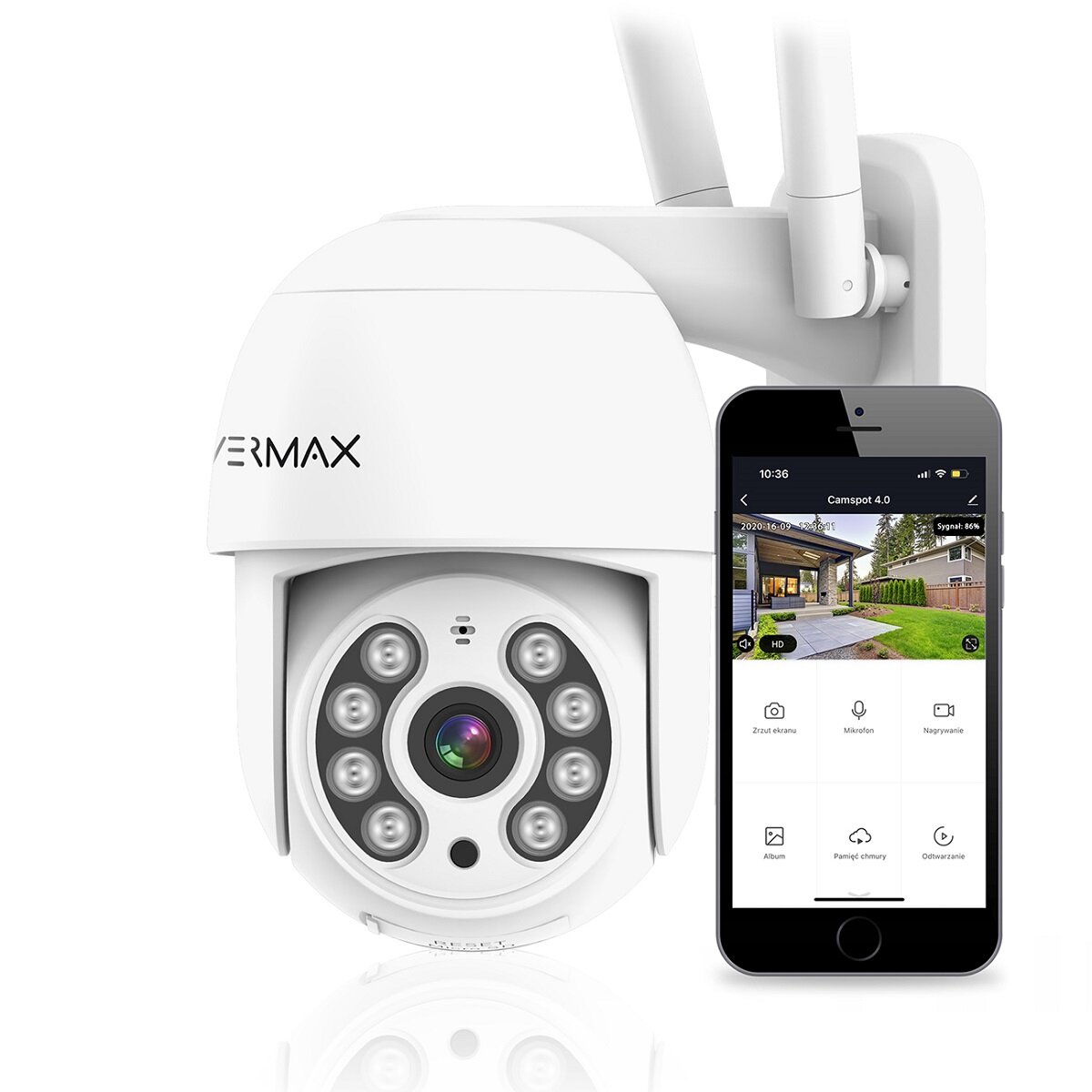 Kamera Overmax Camspot 4.0 PTZ WiFi widok kamery od przodu ze smartfonem obok