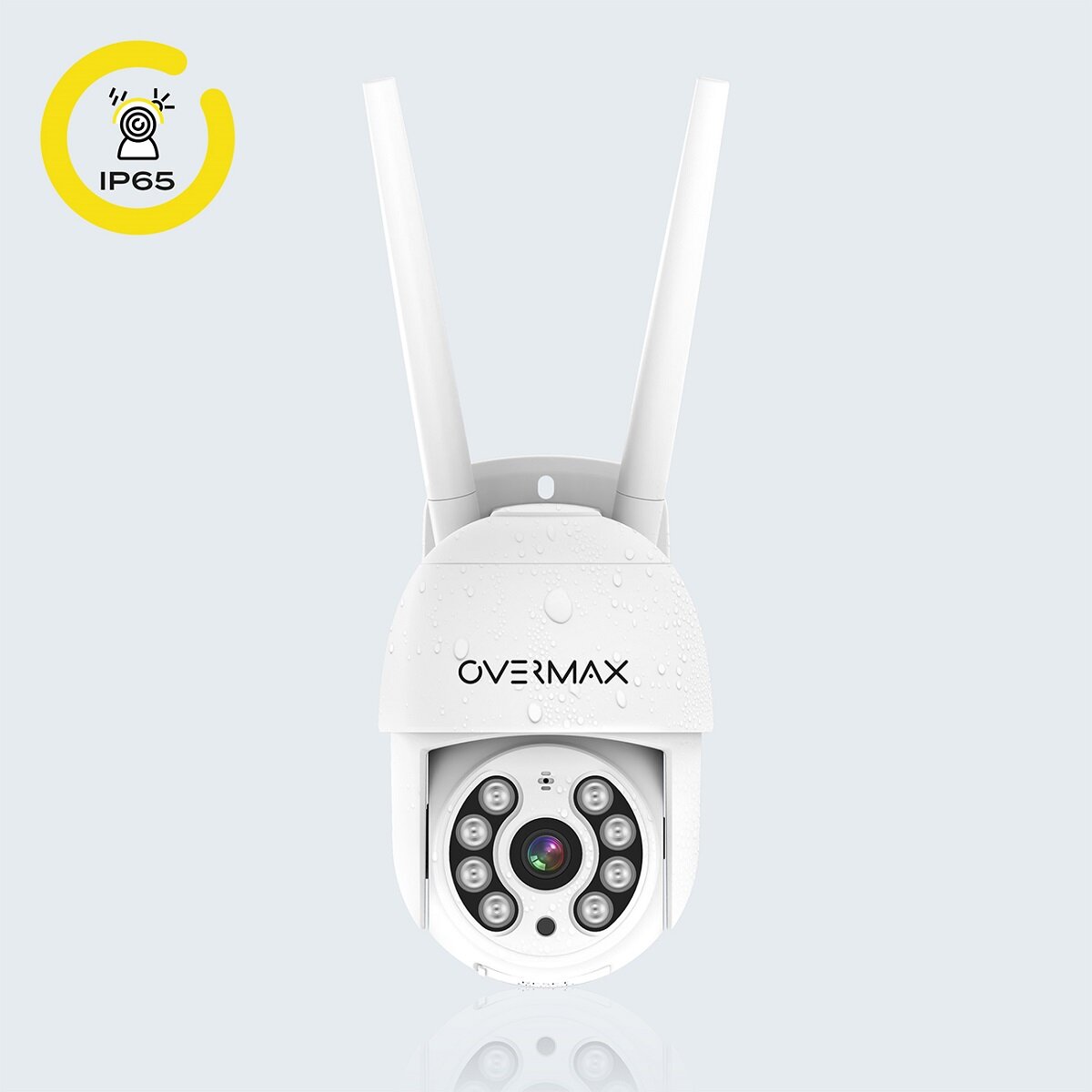 Kamera Overmax Camspot 4.0 PTZ WiFi widok kamery od przodu z informacją o sczelności IP65