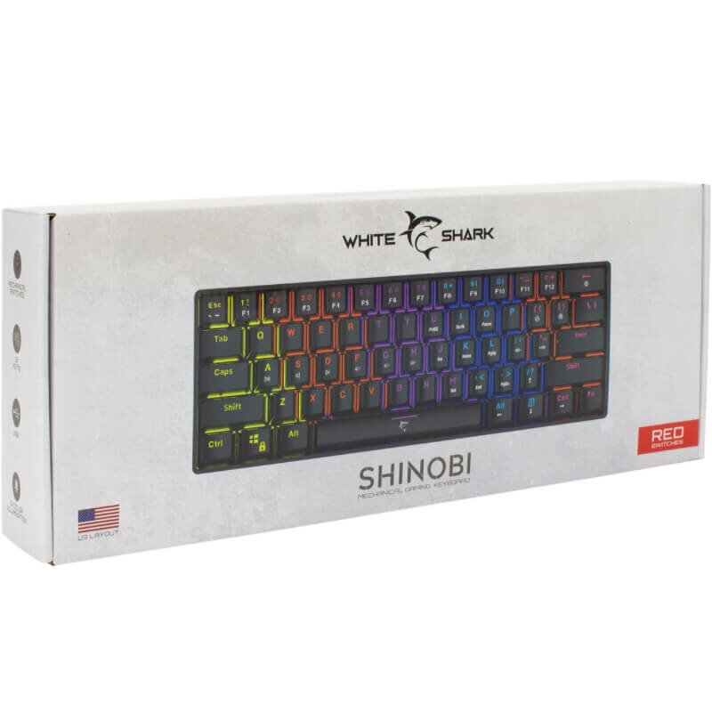 Klawiatura gamingowa WhiteShark Shinobi RS grafika przedstawia klawiaturę w pudełku
