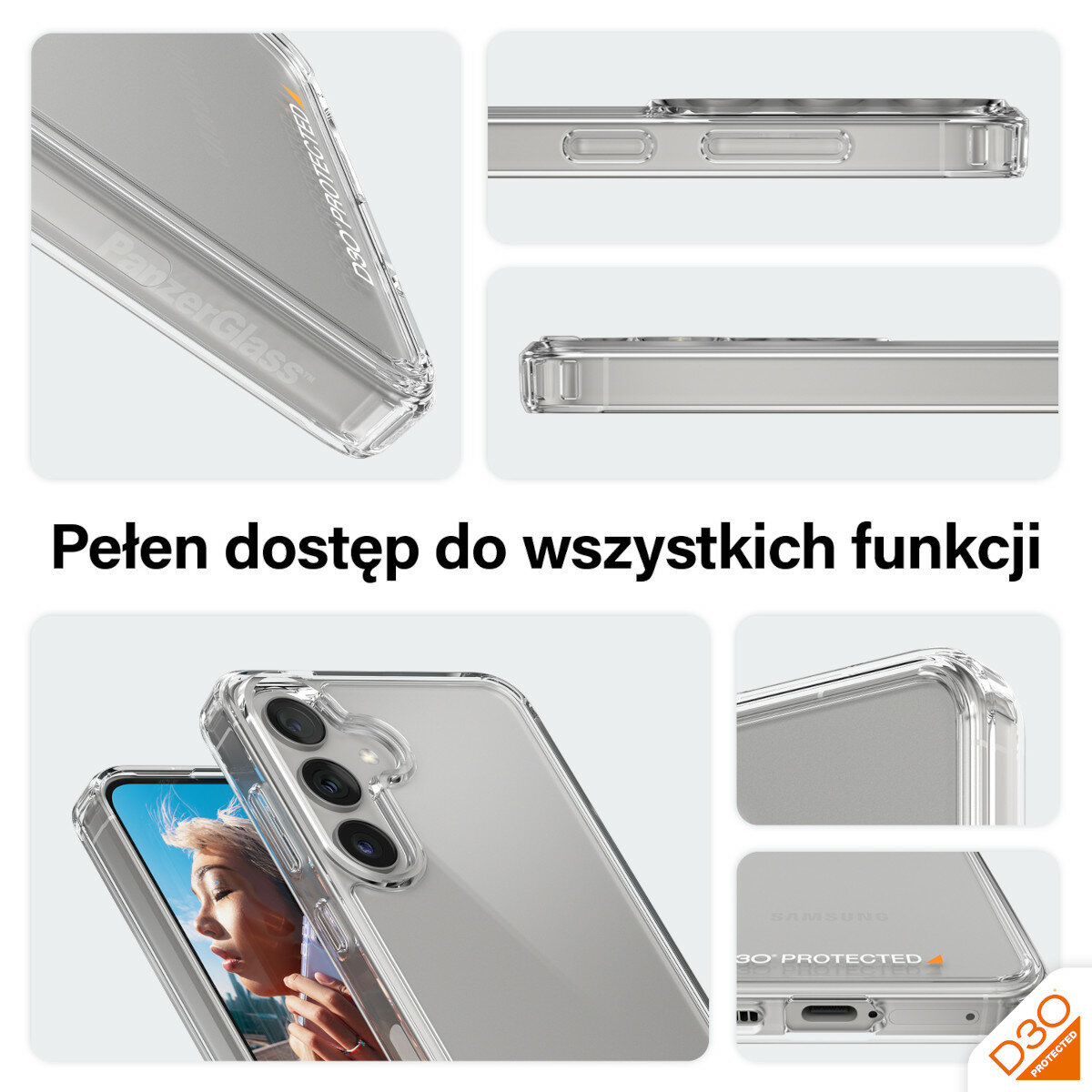 Etui PanzerGlass HardCase D3O Samsung Galaxy S24+ przezroczyste widok na boki telefonu z różnych perspektyw