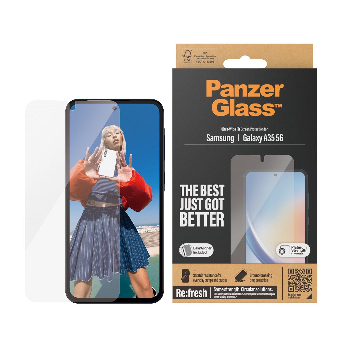 Szkło ochronne PanzerGlass Ultra-Wide Fit Galaxy A35 5G wraz z telefonem oraz opakowanie od frontu