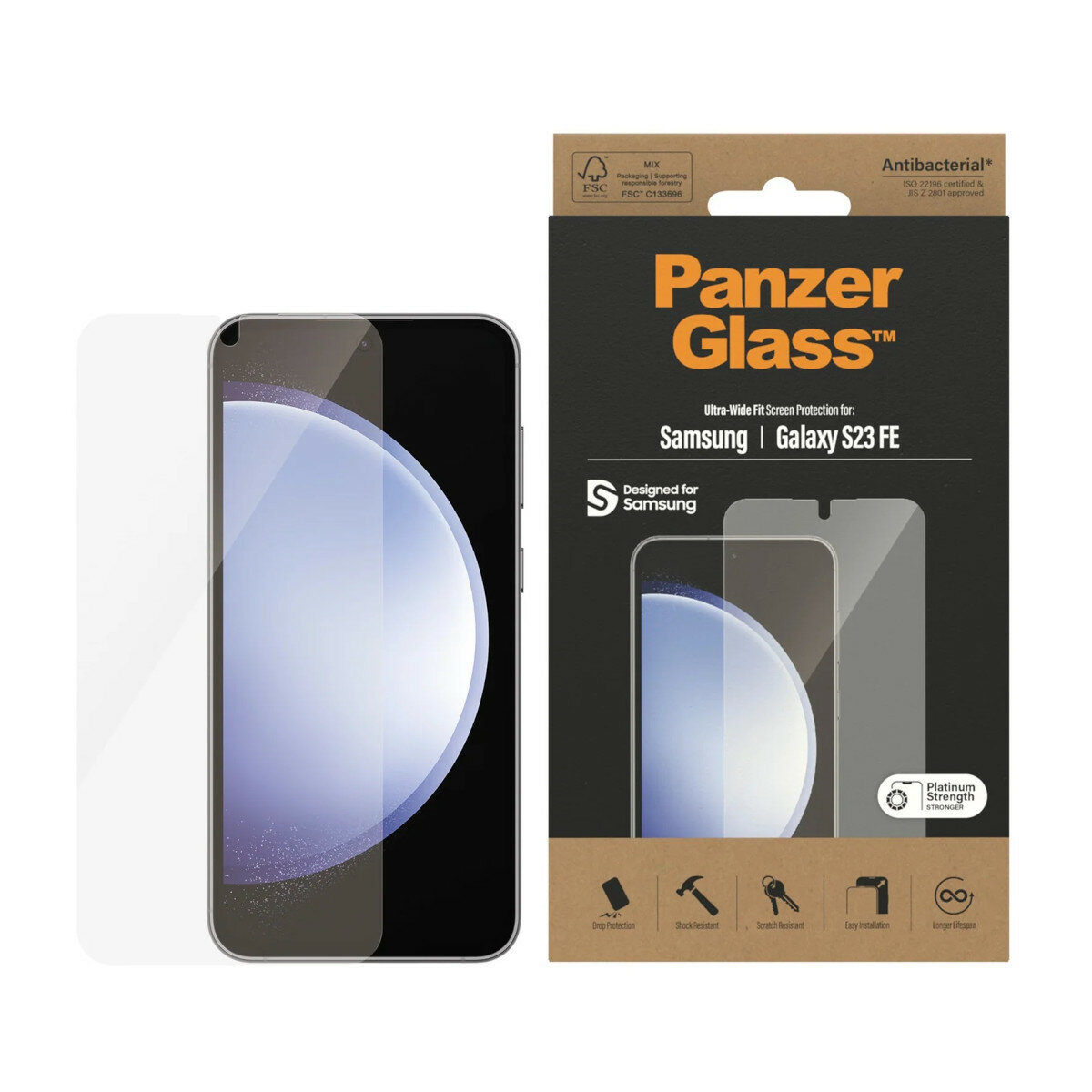 Szkło ochronne PanzerGlass Ultra-Wide Fit Samsung Galaxy S23 FE widok na smartfon wraz ze szkłem hartowanym i pudełko