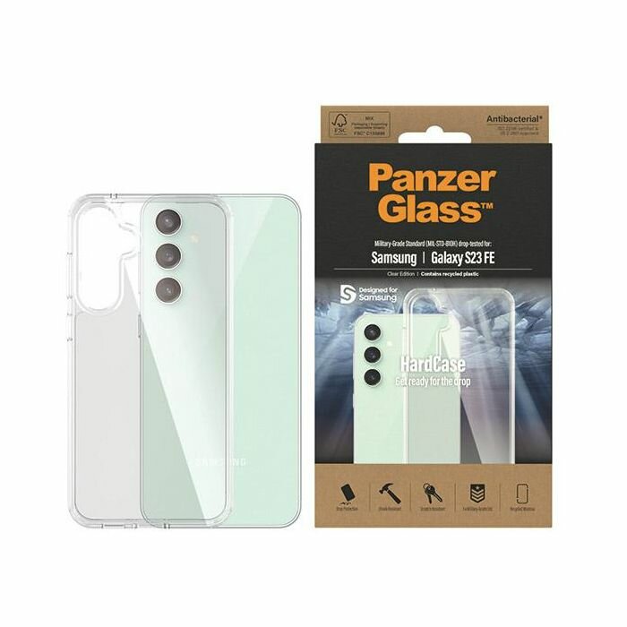 Etui PanzerGlass HardCase Samsung Galaxy S23 FE przezroczyste widok na telefon z etui i pudełkiem