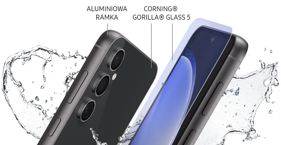 Smartfon Samsung Galaxy S23 FE SM-S711 8GB/128GB kremowy widok na przód i tył smartfona pod skosem z zaznaczoną na grafice aluminiową ramką i szkłem Corning Gorilla Glass 5