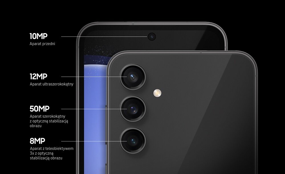 Smartfon Samsung Galaxy S23 FE SM-S711 8GB/128GB kremowy grafika przedstawiająca aparaty z tyłu i z przodu smarfona