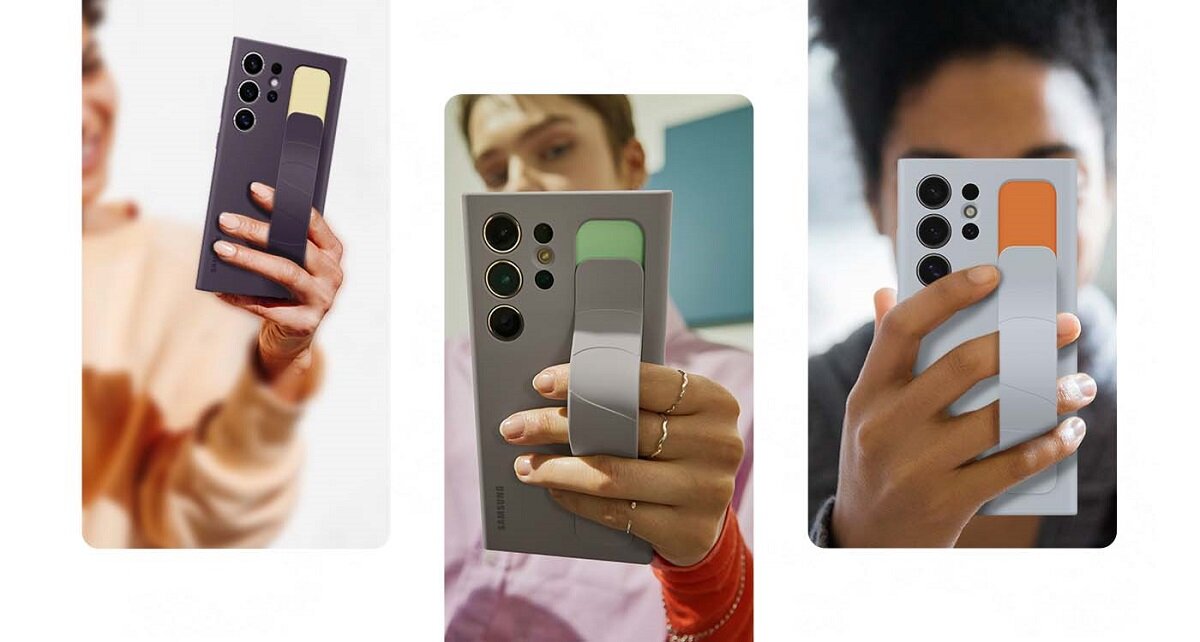 Etui Samsung Standing Grip Case grafika przedstawia trzy osoby trzymające smartfon w etui