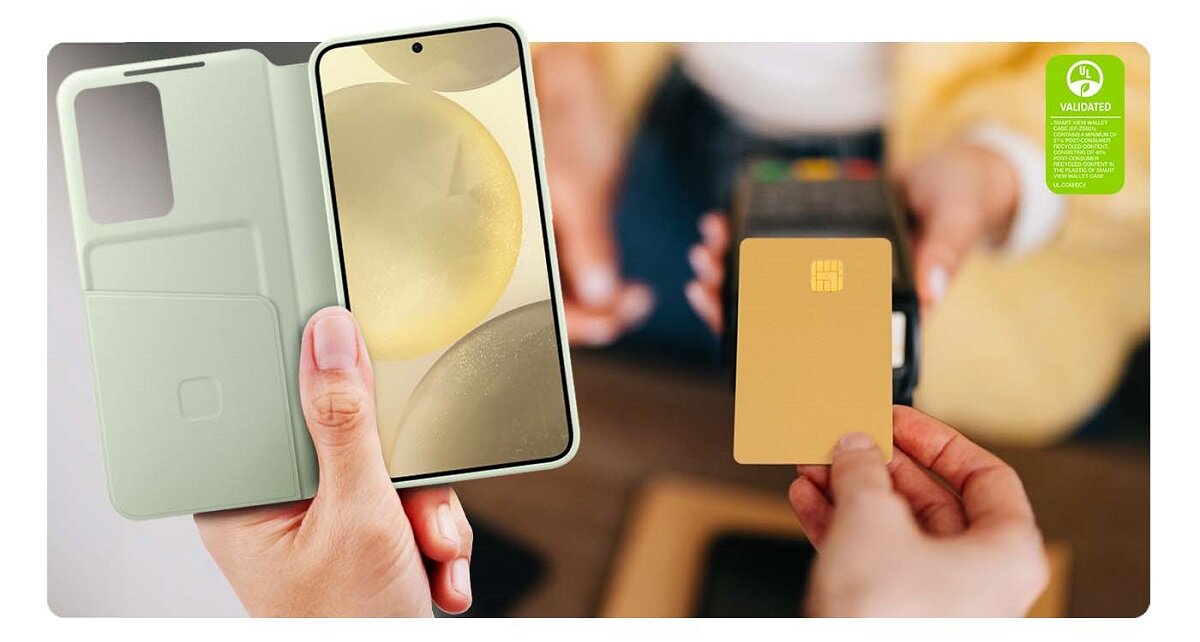 Etui Samsung Smart View Wallet Case Galaxy S24+ jasnozielone widok na funkcje kieszonki na karty