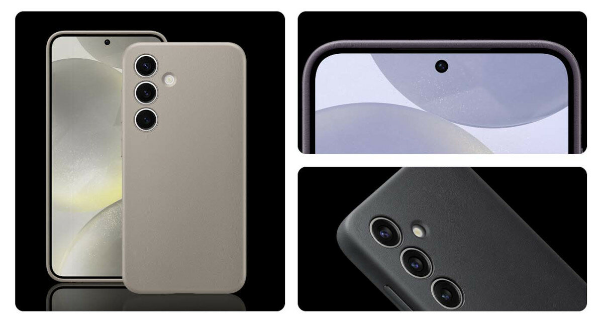 Etui Samsung Vegan Leather Case Galaxy S24 ciemnoszare grafika przedstawiająca smartfona w etui z różnych stron