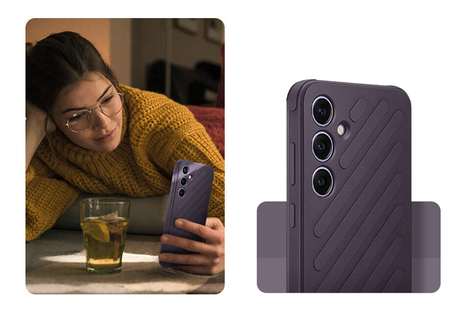 Etui Samsung Shield Case Galaxy S24 jasnoszare widok na etui ubrane pod kątem i obok kobietę leżącą i używającą telefonu w etui