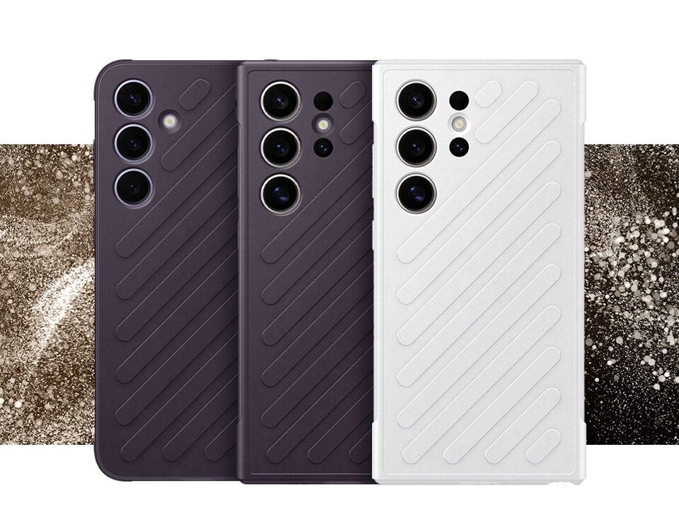 Etui Samsung Shield Case Galaxy S24 ciemny fiolet widok na wprost na etui ubrane w trzy modele telefonu