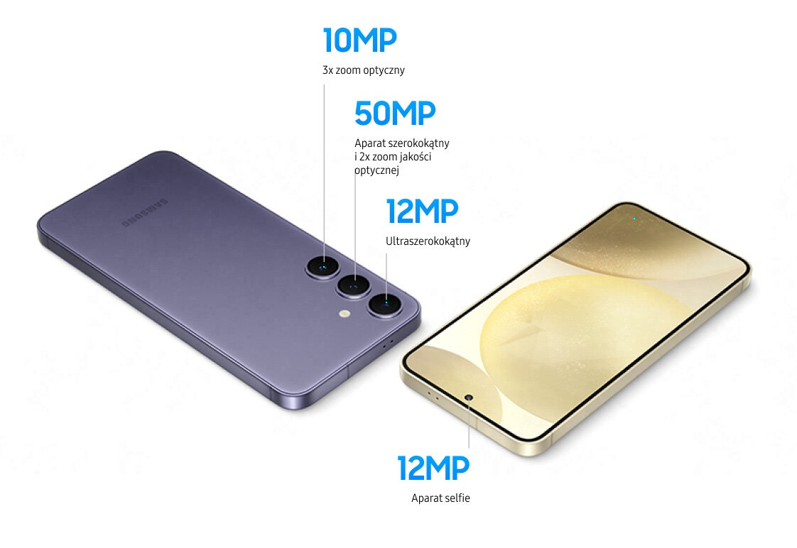 Smartfon Samsung Galaxy S24 SM-S921BD 8/128GB Fioletowy grafika przedstawiająca dwa smartfony i ich aparaty