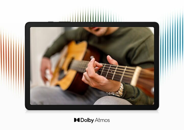 Tablet Samsung Galaxy Tab A9+ X210 WiFi 4GB/64GB 11” granatowy widok na tablet od frontu z wizualizacją rozprzestrzeniania się dźwięk