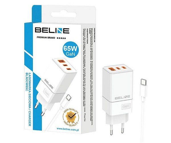Ładowarka sieciowa Beline BLN3CW65C 65W biała + kabel USB-C widok na opakowanie i ładowarkę pod skosem