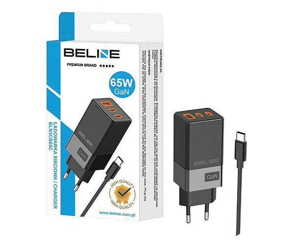 Ładowarka sieciowa Beline BLN3CB65C 65W czarna + kabel USB-C widok na opakowanie i ładowarkę pod skosem