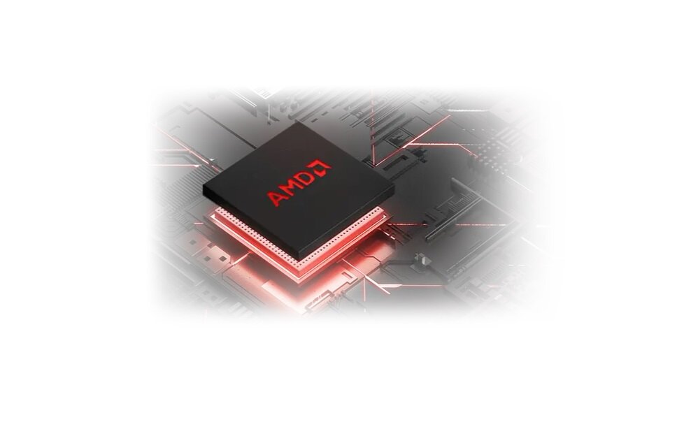 Notebook Asus TUF Gaming A15 FA507XI 512GB SSD grafika przedstawia czipa AMD z czerwonym podświetleniem na płycie głównej