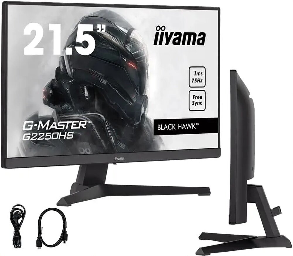 Monitor iiyama G-MASTER G2245HSU 22 grafika przedstawia jeden monitor po skosie w prawo drugi od boku oraz dwa kable