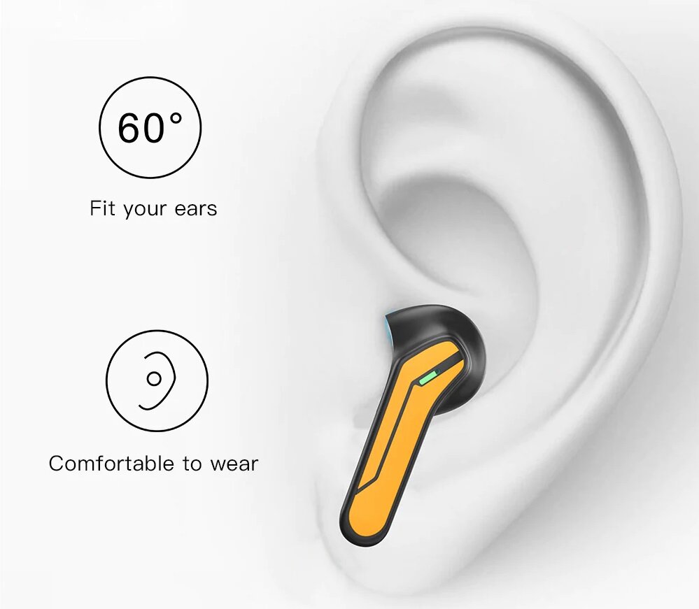 Słuchawki bezprzewodowe Kumi Mech X2 Pro żółte widok na słuchawkę włożoną do ucha od boku