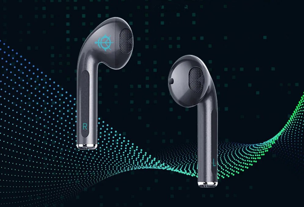 Słuchawki bezprzewodowe Kumi Mech X3 szare widok na parę unoszących się słuchawek