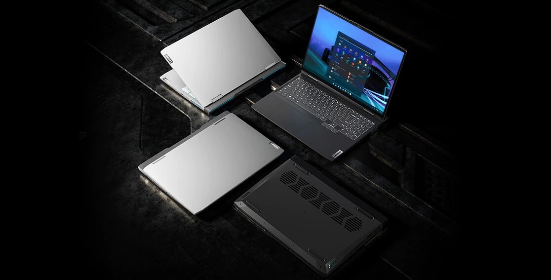 Laptop Lenovo IdeaPad Gaming 3i Intel Core i5-12450H obok trzech innych laptopów pokzanych od różnych stron