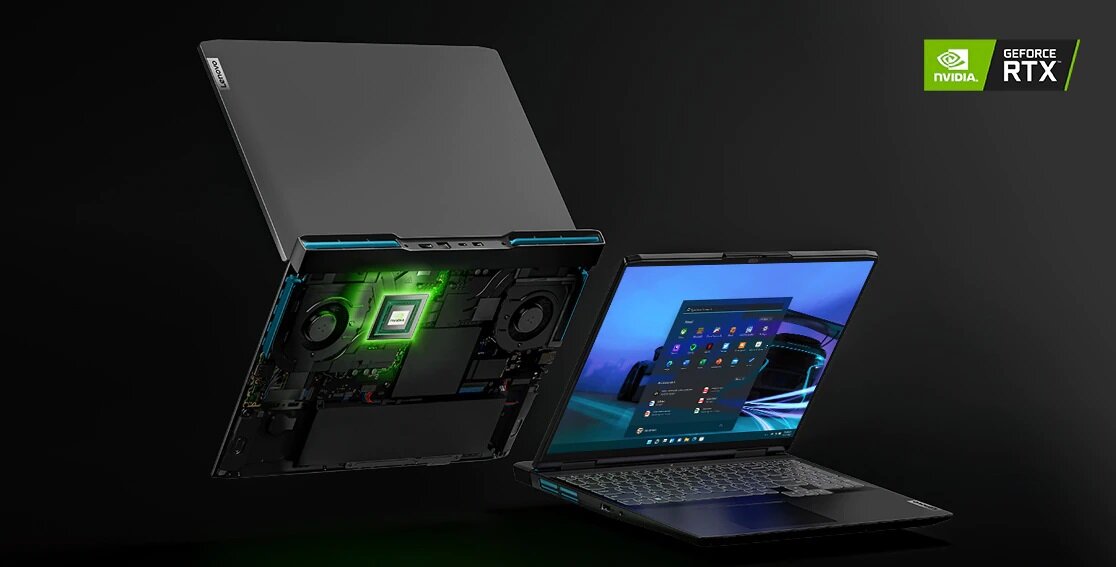 Laptop Lenovo IdeaPad Gaming 3i Intel Core i5-12450H pod skosem od spodu i frontu z grafiką procesora