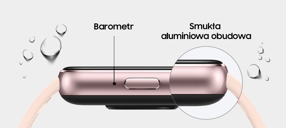 Opaska Samsung Galaxy Fit3 SM-R390 od boku z zaznaczonym na grafice barometrem i aluminiową obudową