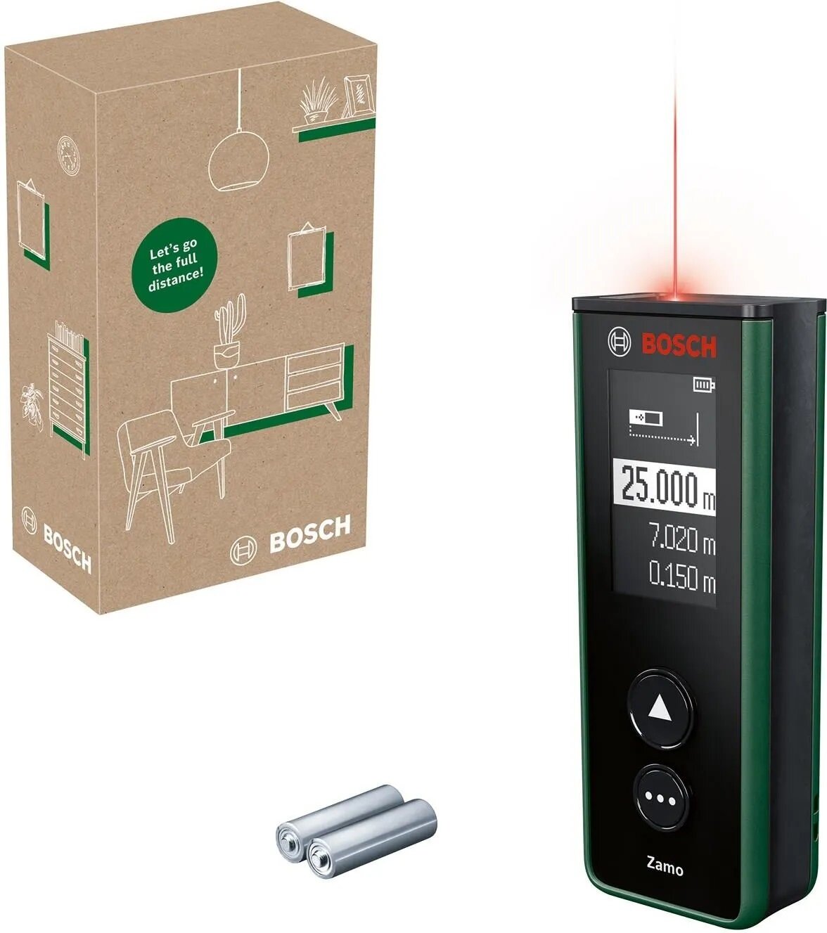 Dalmierz laserowy Bosch Zamo widok na urządzenie i opakowanie pod skosem