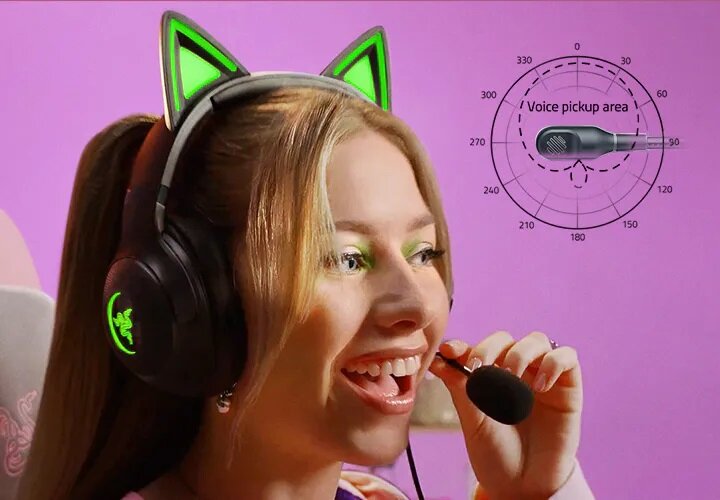 Słuchawki Razer Kraken Kitty V2 różowe grafika przedstawia kobietę w słuchawkach w prawym górnym rogu ikona z ustawieniami mikrofonu