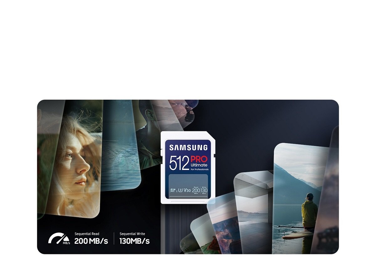 Karta pamięci Samsung Pro Ultimate 2023 SD widok na kartę pamięci na tle zdjęć od frontu