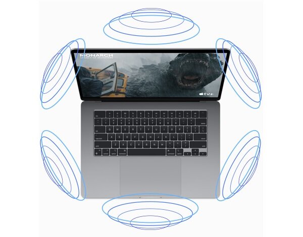 Laptop Apple MacBook Air M3 13' 8/512GB gwiezdna szarość od góry na grafice wizualizującej działanie głośników