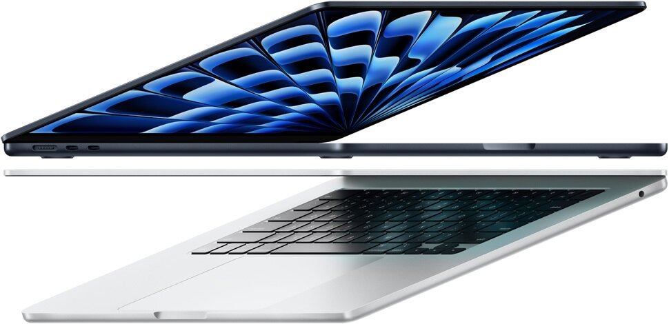 Laptop Apple MacBook Air M3 13' 8/512GB gwiezdna szarość widok na dwa laptopy z przymkniętą pokrywą matrycy pod skosem