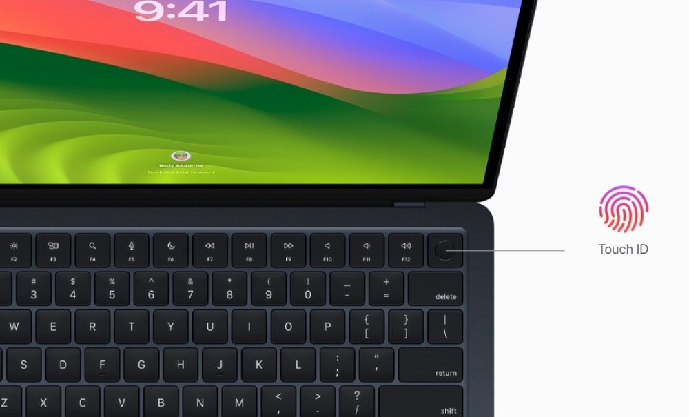 Laptop Apple Macbook Air M3 13' 16/512GB srebrny widok na laptopa od góry z zaznaczonym na grafice czytnikiem linii papilarnych