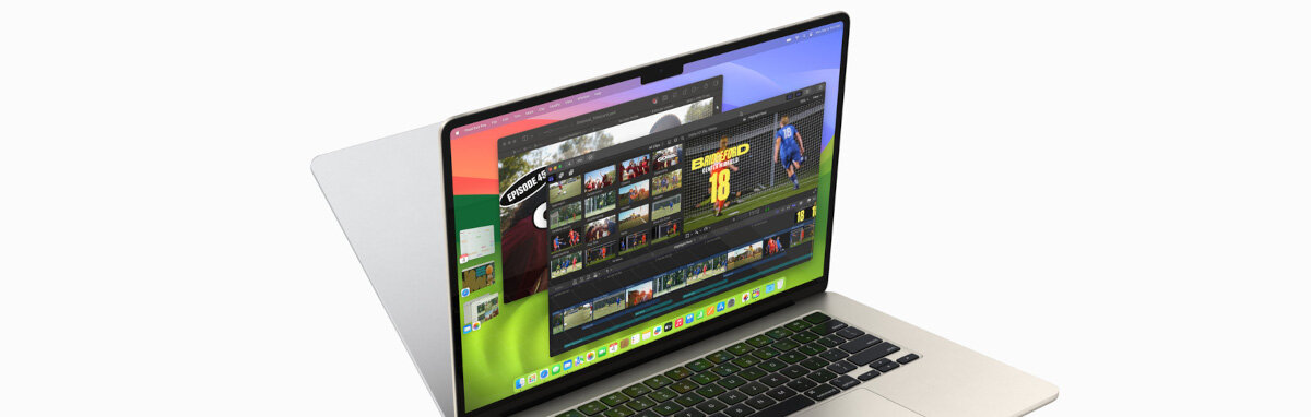Laptop Apple MacBook Air M3 13' 8/256GB północ widok pod skosem z wyświetloną grafiką na ekranie