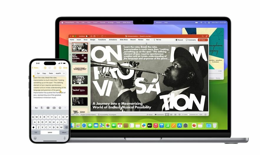 Laptop Apple MacBook Air M3 13' 8/256GB północ widok od frontu na laptop oraz smartfon