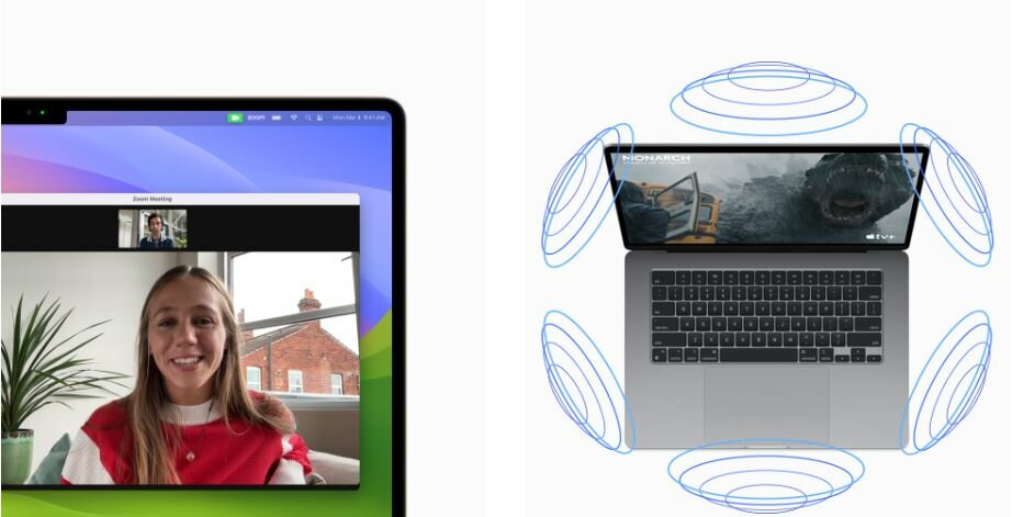 Laptop Apple MacBook Air M3 grafika przedstawia zbliżenie na róg laptopa oraz laptop z wizualizacją przepływu dźwięku
