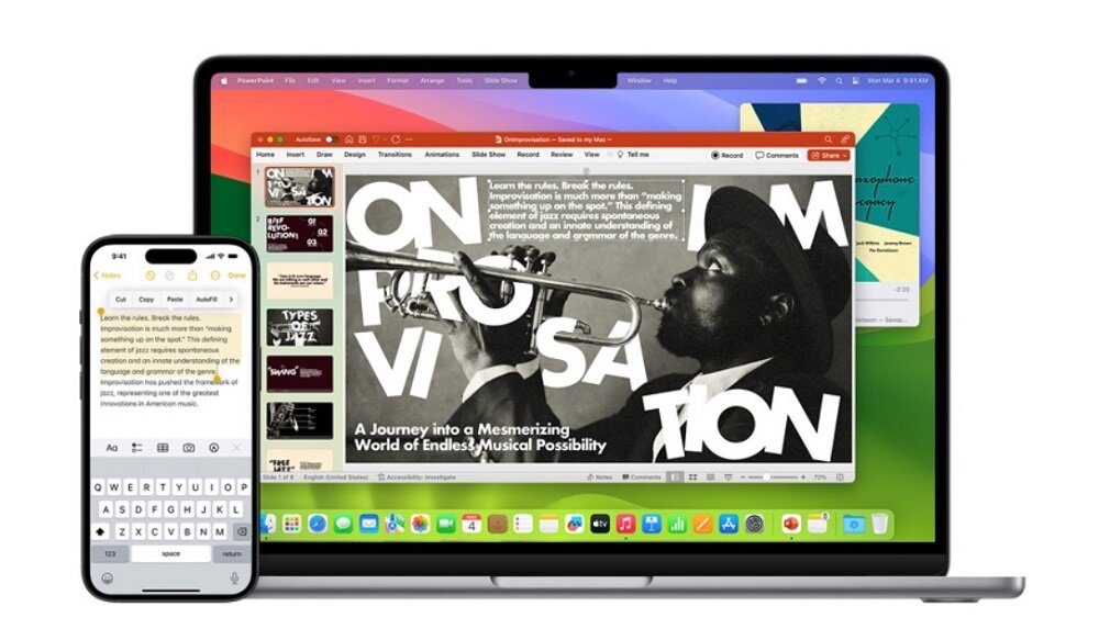 Laptop Apple Macbook Air M3 13' 8/256GB srebrny widok na laptopa i smartfona od frontu
