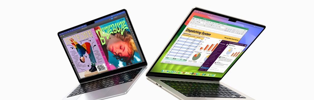 Laptop Apple Macbook Air M3 15' 8/512GB srebrny widok na dwa laptopy pod skosem