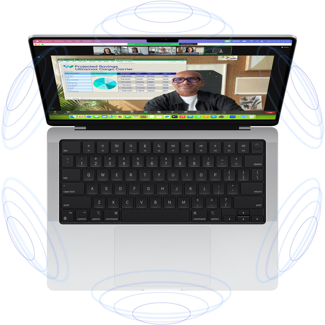 Laptop Apple Macbook Pro M3 14' 16GB 1TB srebrny widok na włączony ekran podczas rozmowy video
