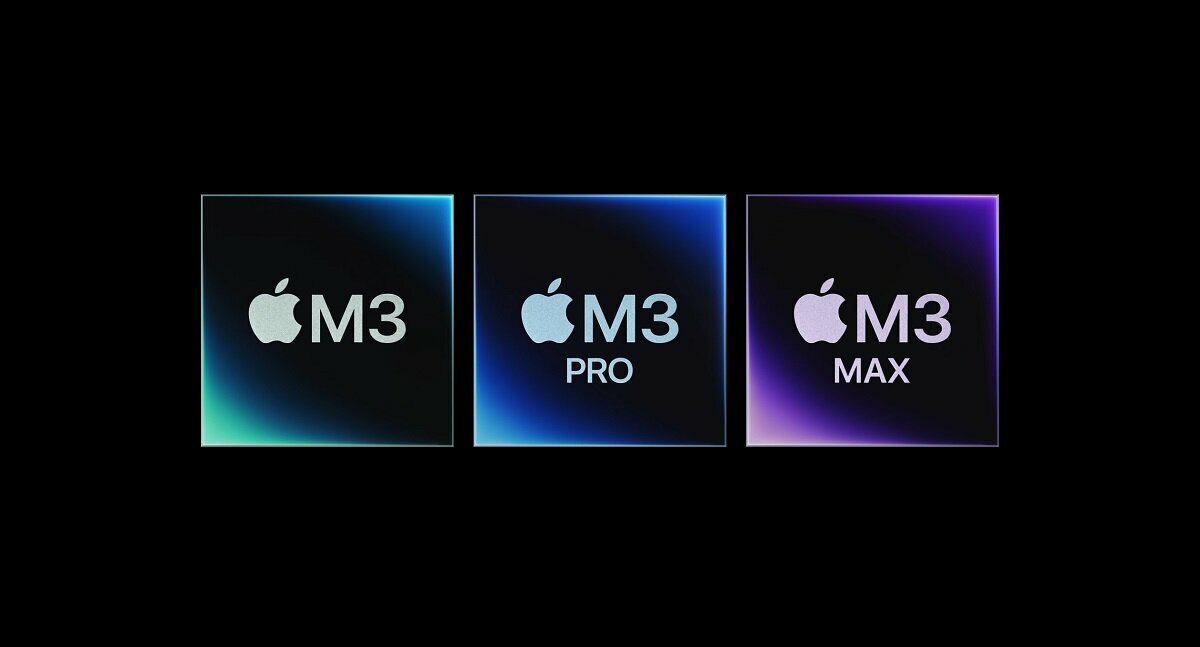 Laptop Apple Macbook Pro M3 14' 16GB 1TB srebrny widok na ikony chipów M3 od frontu