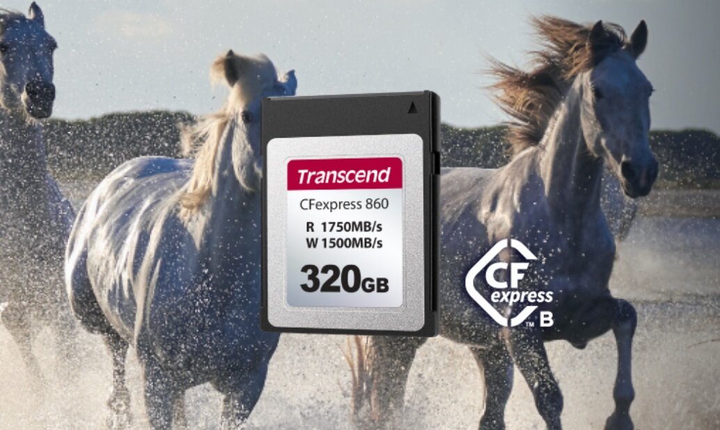 Karta pamięci Transcend CFexpress 860 160 GB pod skosem na tle biegnących koni