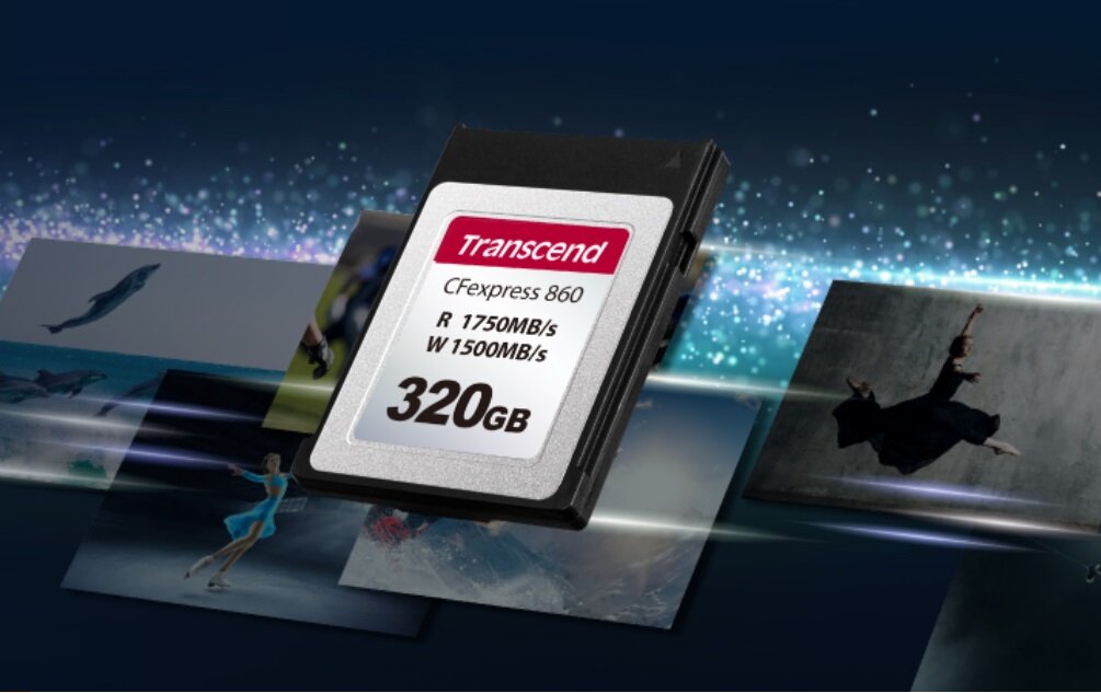 Karta pamięci Transcend CFexpress 860 320 GB pod skosem na tle różnych kadrów