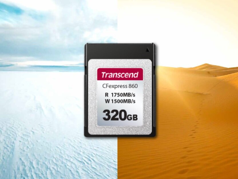 Karta pamięci Transcend CFexpress 860 320 GB od frontu na tle krajobrazów