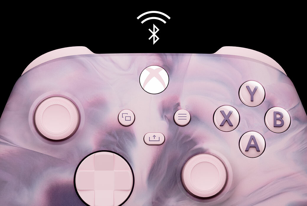 Kontroler Microsoft Xbox Series Dream Vapor bezprzewodowy widok na na kontroler od frontu z widocznym symbolem połączenia bluetooth