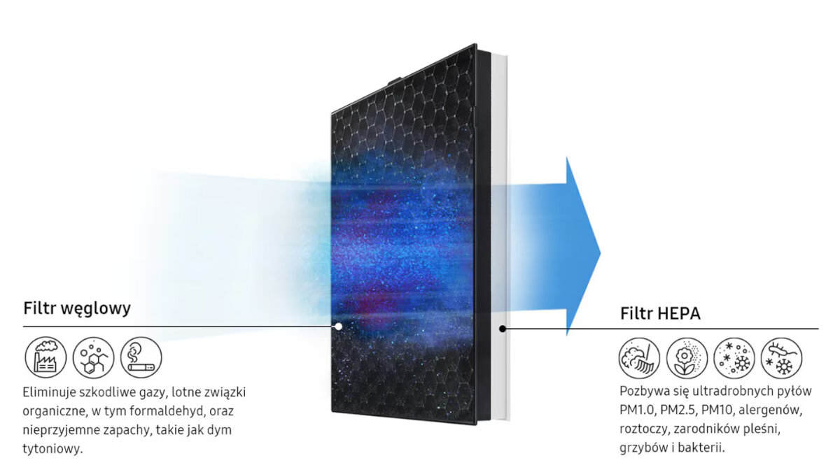 Filtr Samsung CFX-G100/EU do oczyszczacza AX40R3030WM grafika przedstawiająca możliwości filtra węglowego i HEPA