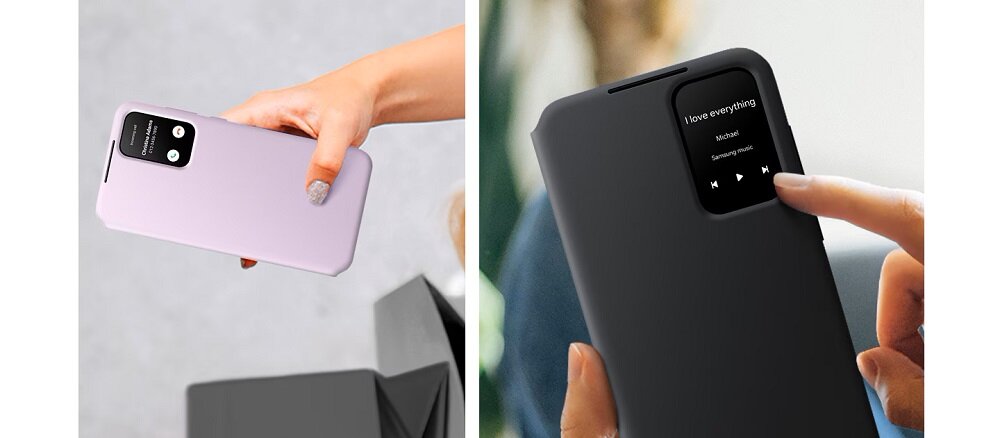 Etui Samsung Smart View Wallet Case Galaxy A55 czarne widok na dwa telefony trzymane w dłoniach w etui czarnym i lawendowym pod skosem